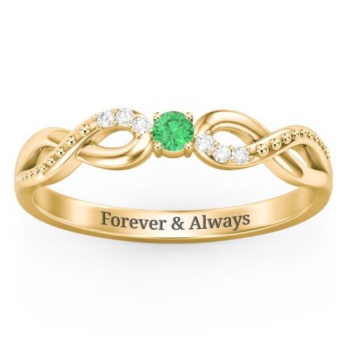 Double Infinity Gemstone Ring with Accents – 10K Yellow Gold with Emerald and White Premium Zirconia