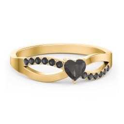 Split Shank Heart Promise Ring in 18K Gold Plated Silver with Smokey Quartz and Black Premium Zirconia