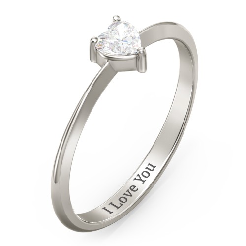 Solitaire Heart Gemstone Ring with Tapered Knife Edge Band – 10K White Gold with Cubic Zirconia