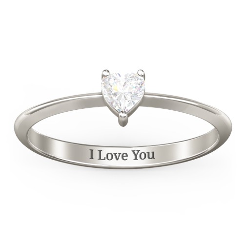 Solitaire Heart Gemstone Ring with Tapered Knife Edge Band – 10K White Gold with Cubic Zirconia