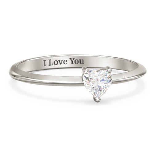 Solitaire Heart Gemstone Ring with Tapered Knife Edge Band – 10K White Gold with Cubic Zirconia