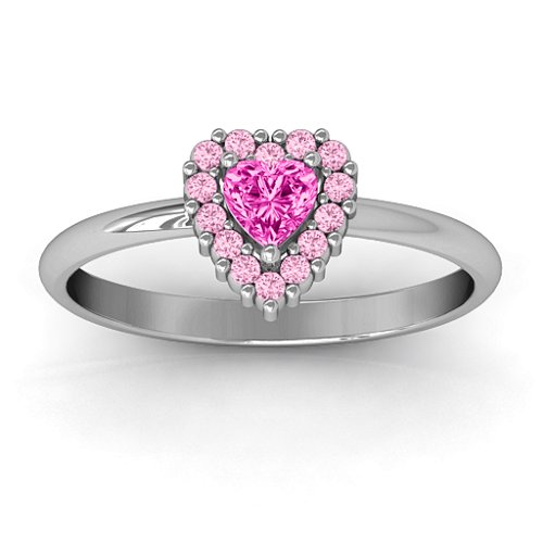 Heart with Halo Promise Ring – Sterling Silver with Pink Tourmaline and Fancy Pink Premium Zirconia