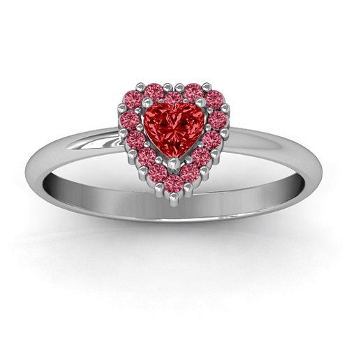 Heart with Halo Promise Ring – Sterling Silver with Garnet and Red Premium Zirconia