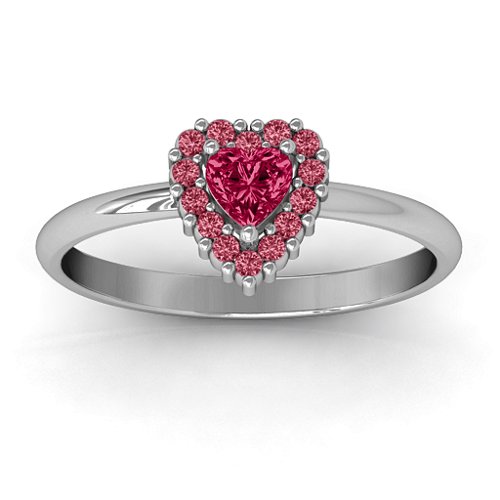 Heart with Halo Promise Ring – Sterling Silver with Ruby and Red Premium Zirconia