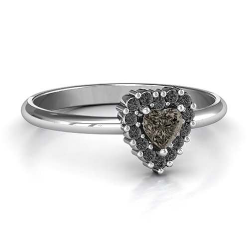 Heart with Halo Promise Ring – Sterling Silver with Smokey Quartz and Black Premium Zirconia