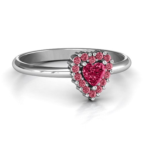 Heart with Halo Promise Ring – Sterling Silver with Ruby and Red Premium Zirconia