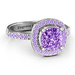 Cushion Cut Statement Ring with Halo in 925 Sterling Silver with Amethyst and Amethyst Premium Zirconia