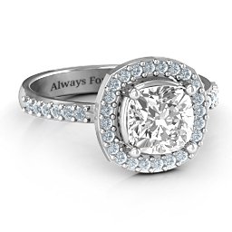 Cushion Cut Statement Ring with Halo in 925 Sterling Silver with White Premium Zirconia and Diamond