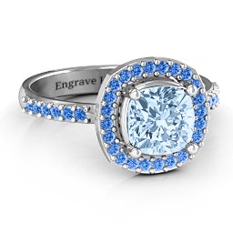 Cushion Cut Statement Ring with Halo in 925 Sterling Silver with Aquamarine and Fancy Blue Premium Zirconia