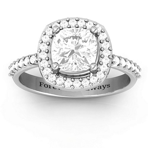 Cushion Cut Statement Ring with Halo – Sterling Silver with White Premium Zirconia