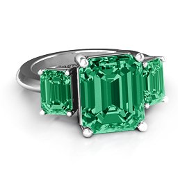 Emerald Cut Trinity Ring in 925 Sterling Silver with Green Premium Zirconia and Emerald