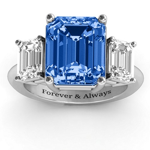 Emerald Cut Trinity Ring – Sterling Silver with Fancy Blue Premium Zirconia and White Premium Zirconia
