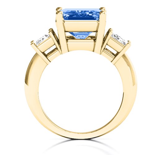 Emerald Cut Trinity Ring – 10K Yellow Gold with Fancy Blue Premium Zirconia and White Premium Zirconia