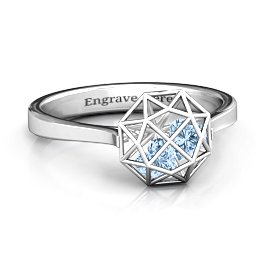 Diamond Cage Ring with Encased Heart Stones in 925 Sterling Silver with Aquamarine, Ruby, and Amethyst