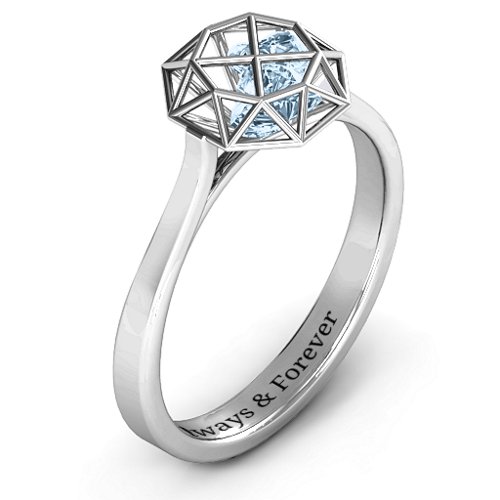 Diamond Cage Ring with Encased Heart Stones – Sterling Silver with Aquamarine