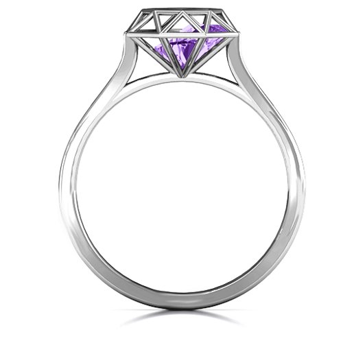 Diamond Cage Ring with Encased Heart Stones – Sterling Silver with Amethyst