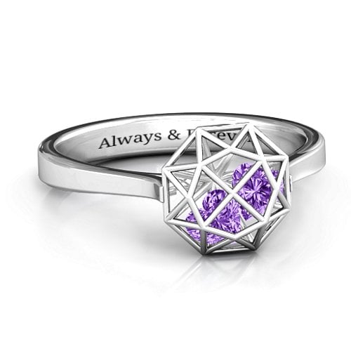Diamond Cage Ring with Encased Heart Stones – Sterling Silver with Amethyst