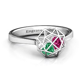 Diamond Cage Ring with Encased Heart Stones in 925 Sterling Silver with Emerald, Ruby, and Amethyst