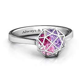 Diamond Cage Ring with Encased Heart Stones in 925 Sterling Silver with Pink Tourmaline, Amethyst, and Ruby
