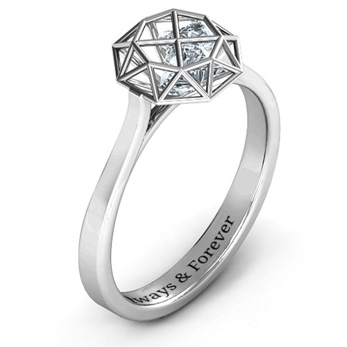Diamond Cage Ring with Encased Heart Stones – Sterling Silver with Cubic Zirconia