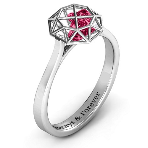 Diamond Cage Ring with Encased Heart Stones – Sterling Silver with Ruby