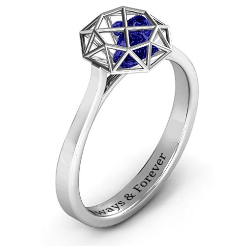 Diamond Cage Ring with Encased Heart Stones – Sterling Silver with Blue Sapphire