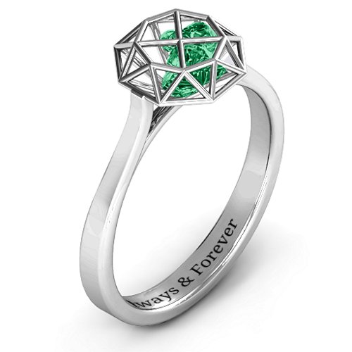 Diamond Cage Ring with Encased Heart Stones – Sterling Silver with Emerald