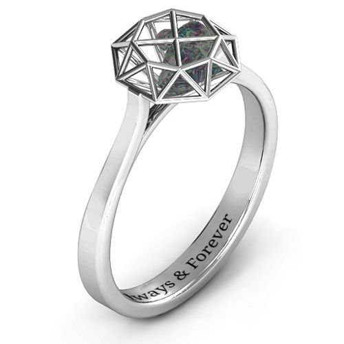 Diamond Cage Ring with Encased Heart Stones – Sterling Silver with Alexandrite