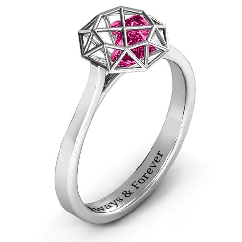 Diamond Cage Ring with Encased Heart Stones – Sterling Silver with Ruby
