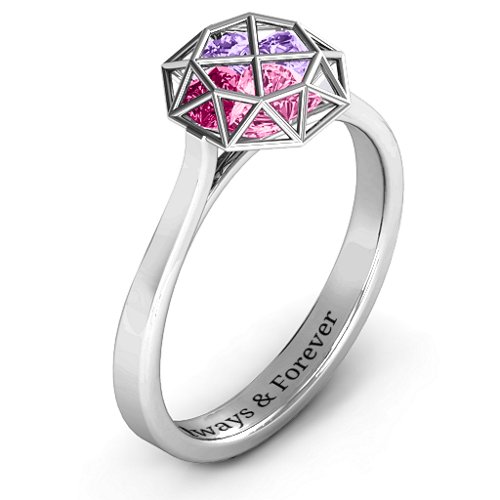 Diamond Cage Ring with Encased Heart Stones – Sterling Silver with Pink Tourmaline, Amethyst, and Ruby