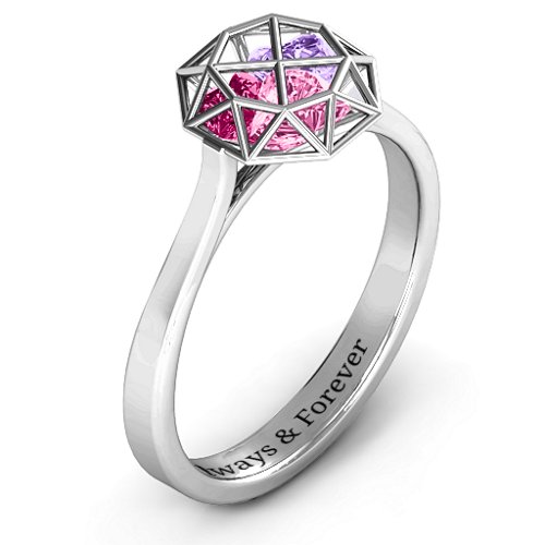 Diamond Cage Ring with Encased Heart Stones – Sterling Silver with Pink Tourmaline, Amethyst, and Ruby