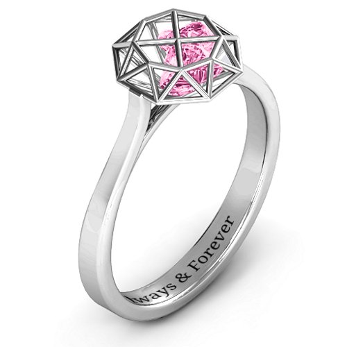 Diamond Cage Ring with Encased Heart Stones – Sterling Silver with Pink Tourmaline