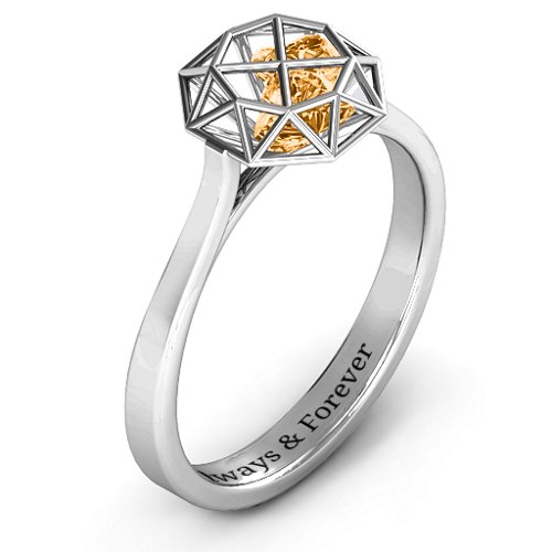 Diamond Cage Ring with Encased Heart Stones – Sterling Silver with Citrine