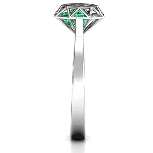 Diamond Cage Ring with Encased Heart Stones – Sterling Silver with Emerald