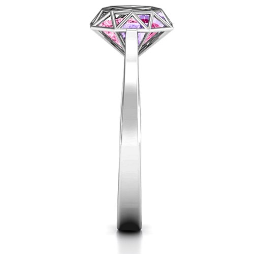 Diamond Cage Ring with Encased Heart Stones – Sterling Silver with Pink Tourmaline, Amethyst, and Ruby