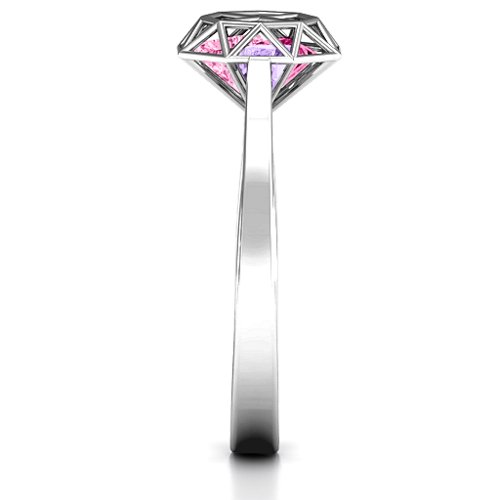 Diamond Cage Ring with Encased Heart Stones – Sterling Silver with Pink Tourmaline, Amethyst, and Ruby