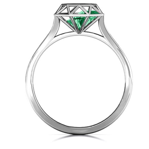 Diamond Cage Ring with Encased Heart Stones – Sterling Silver with Emerald