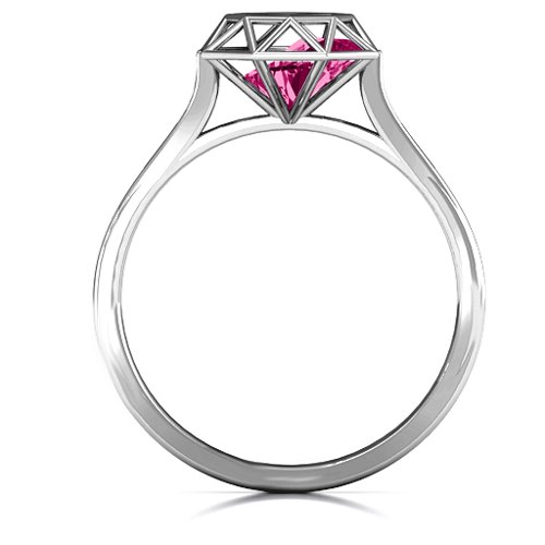Diamond Cage Ring with Encased Heart Stones – Sterling Silver with Ruby