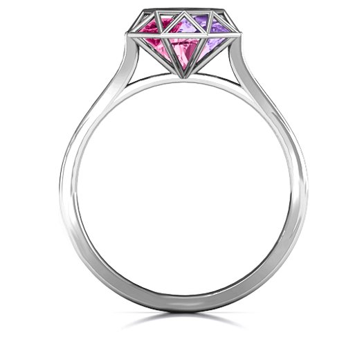 Diamond Cage Ring with Encased Heart Stones – Sterling Silver with Pink Tourmaline, Amethyst, and Ruby