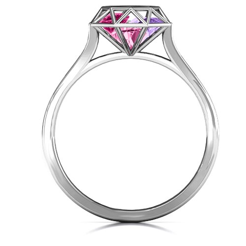 Diamond Cage Ring with Encased Heart Stones – Sterling Silver with Pink Tourmaline, Amethyst, and Ruby