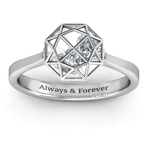 Diamond Cage Ring with Encased Heart Stones – Sterling Silver with Cubic Zirconia