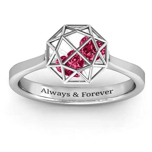 Diamond Cage Ring with Encased Heart Stones – Sterling Silver with Ruby