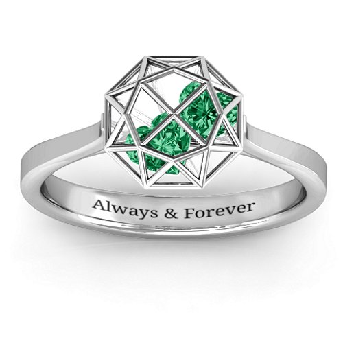 Diamond Cage Ring with Encased Heart Stones – Sterling Silver with Emerald