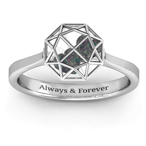 Diamond Cage Ring with Encased Heart Stones – Sterling Silver with Alexandrite