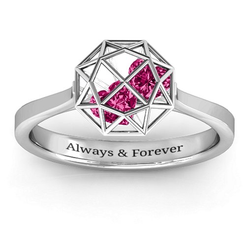 Diamond Cage Ring with Encased Heart Stones – Sterling Silver with Ruby