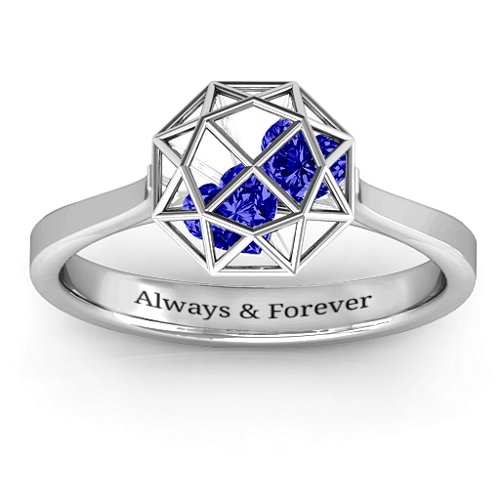 Diamond Cage Ring with Encased Heart Stones – Sterling Silver with Blue Sapphire