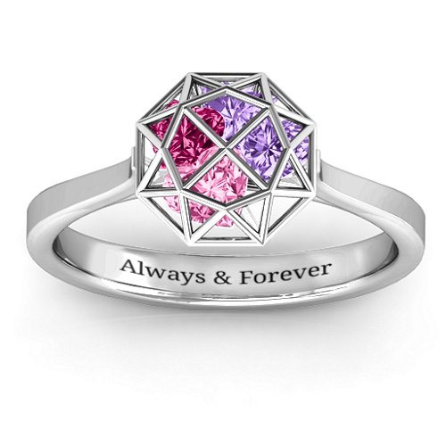 Diamond Cage Ring with Encased Heart Stones – Sterling Silver with Pink Tourmaline, Amethyst, and Ruby