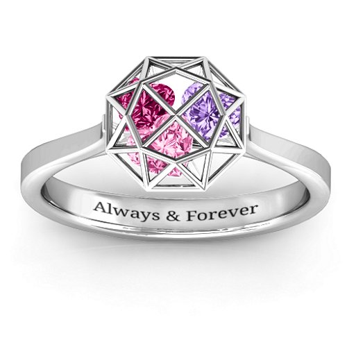 Diamond Cage Ring with Encased Heart Stones – Sterling Silver with Pink Tourmaline, Amethyst, and Ruby