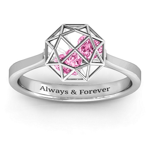 Diamond Cage Ring with Encased Heart Stones – Sterling Silver with Pink Tourmaline