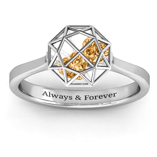 Diamond Cage Ring with Encased Heart Stones – Sterling Silver with Citrine